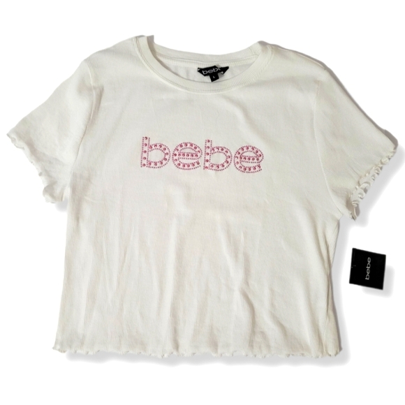 Bebe White Y2K It Girl Short Sleeve Tee with Pink Rhinestone Embellishments - Picture 1 of 7